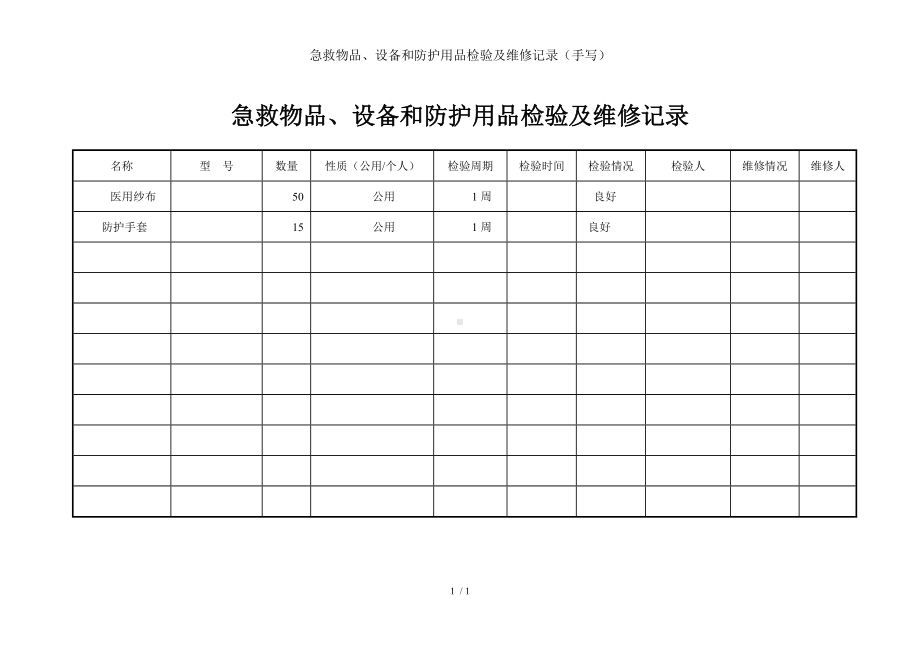 急救物品、设备和防护用品检验及维修记录（手写）参考模板范本.doc_第1页