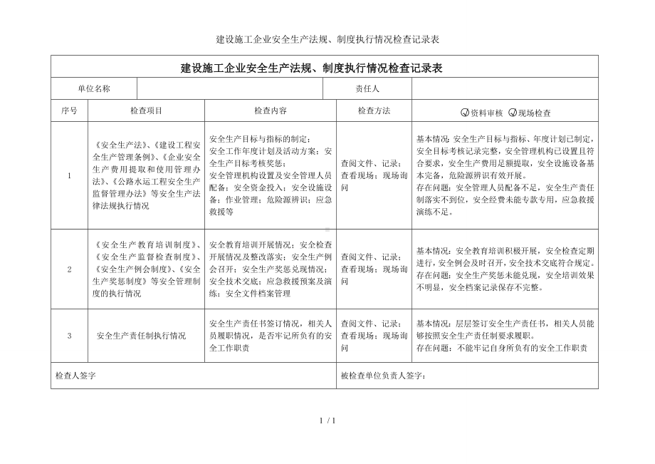 建设施工企业安全生产法规、制度执行情况检查记录表参考模板范本.doc_第1页