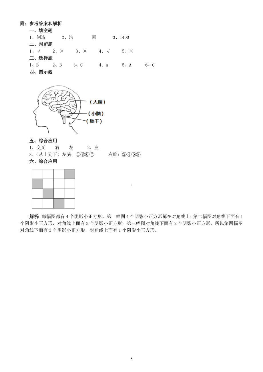 小学科学苏教版五年级上册第五单元第19课《我们的大脑》课堂练习题（2022新版）.docx_第3页