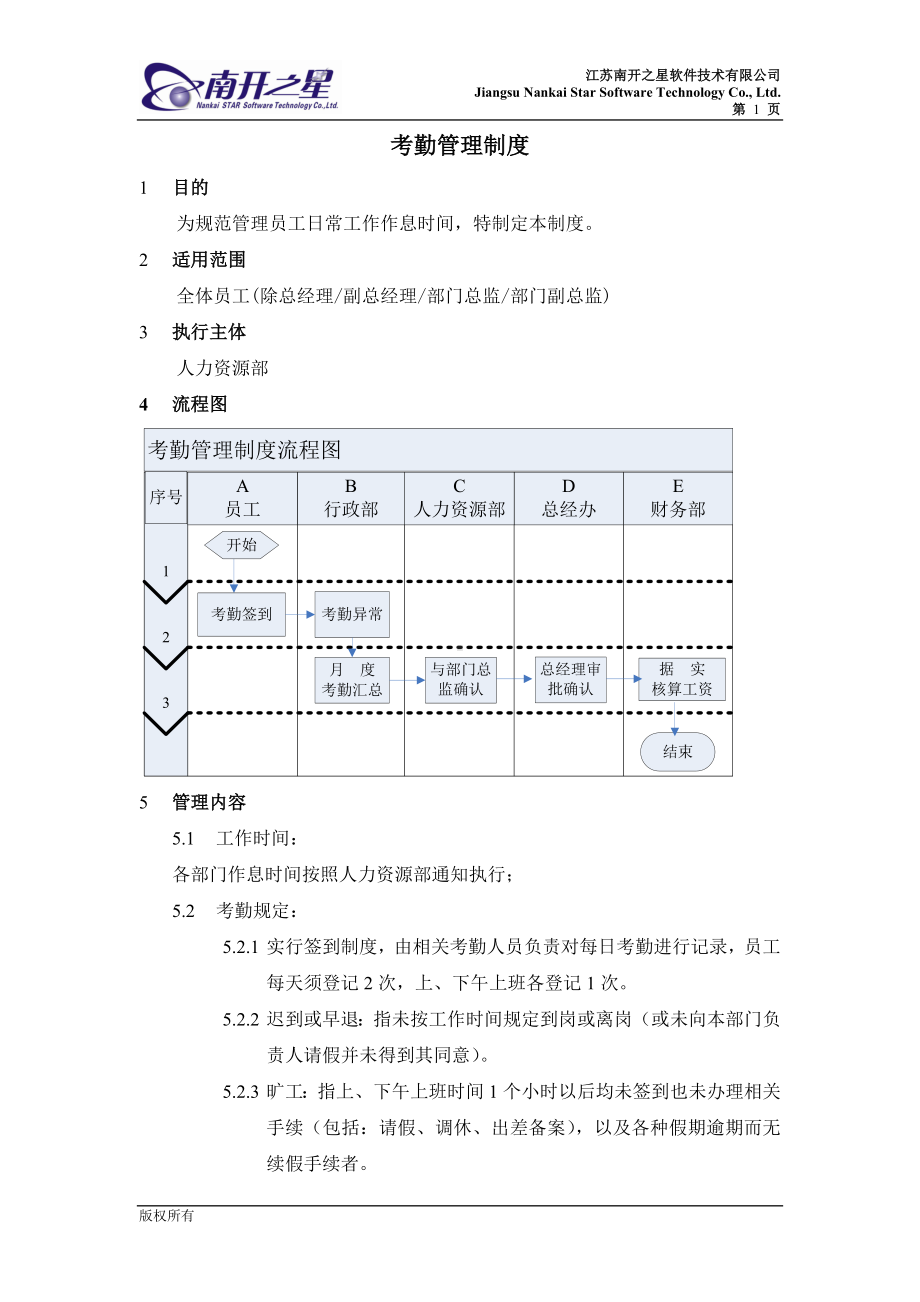 考勤管理制度参考模板范本.doc_第1页