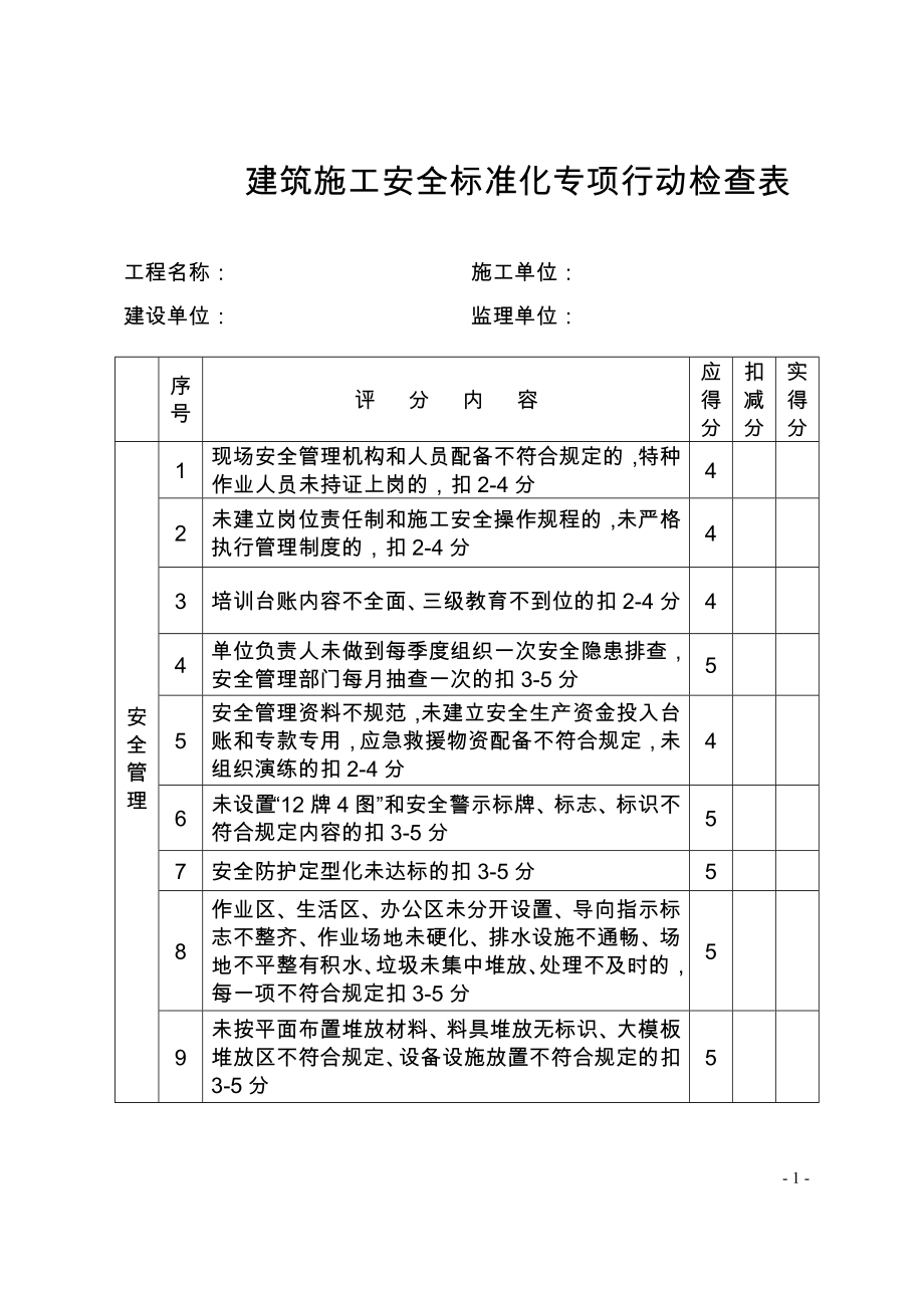 建筑施工安全标准化专项行动检查表参考模板范本.doc_第1页