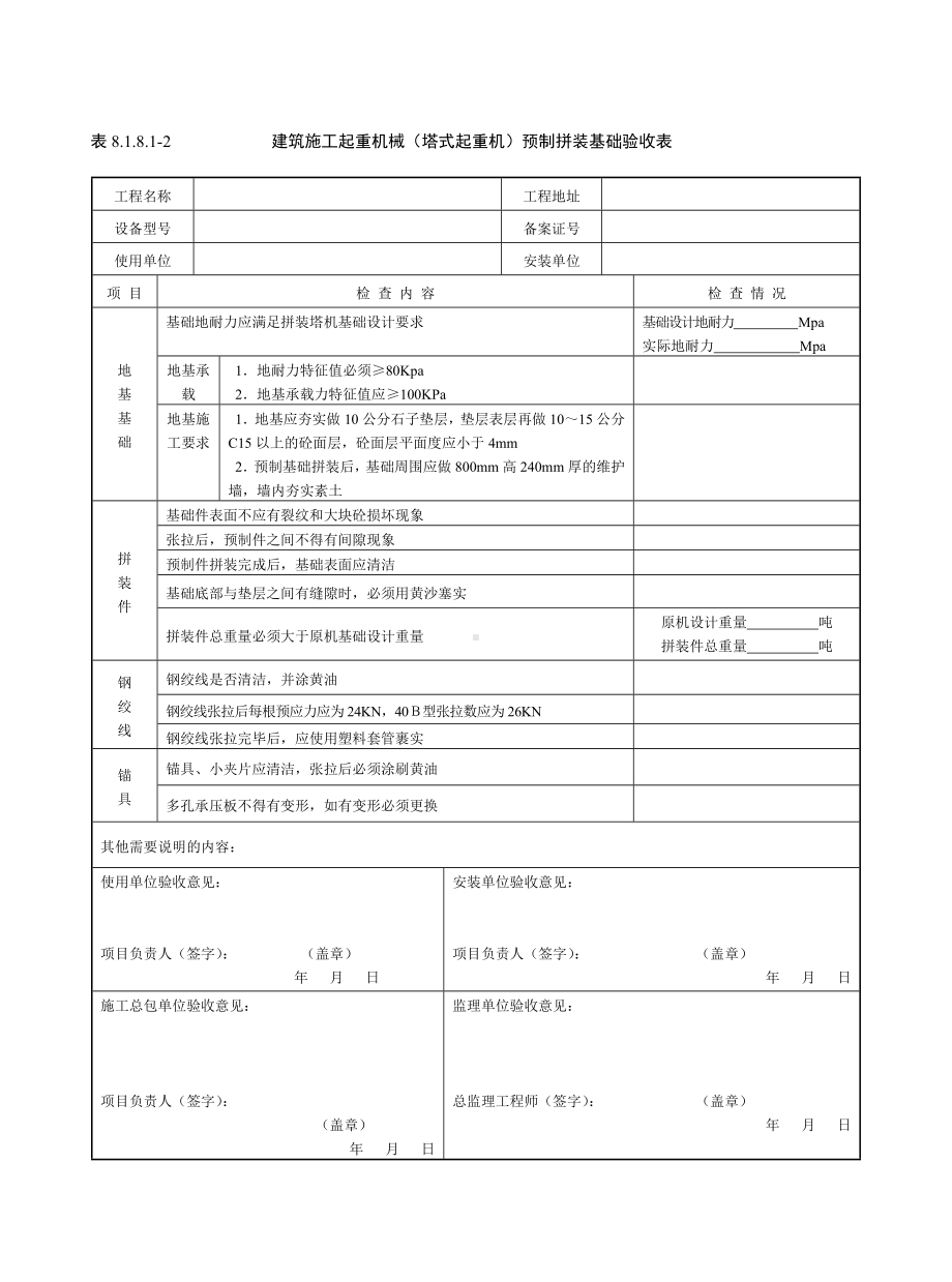 建筑施工起重机械（塔式起重机）预制拼装基础验收表参考模板范本.doc_第1页