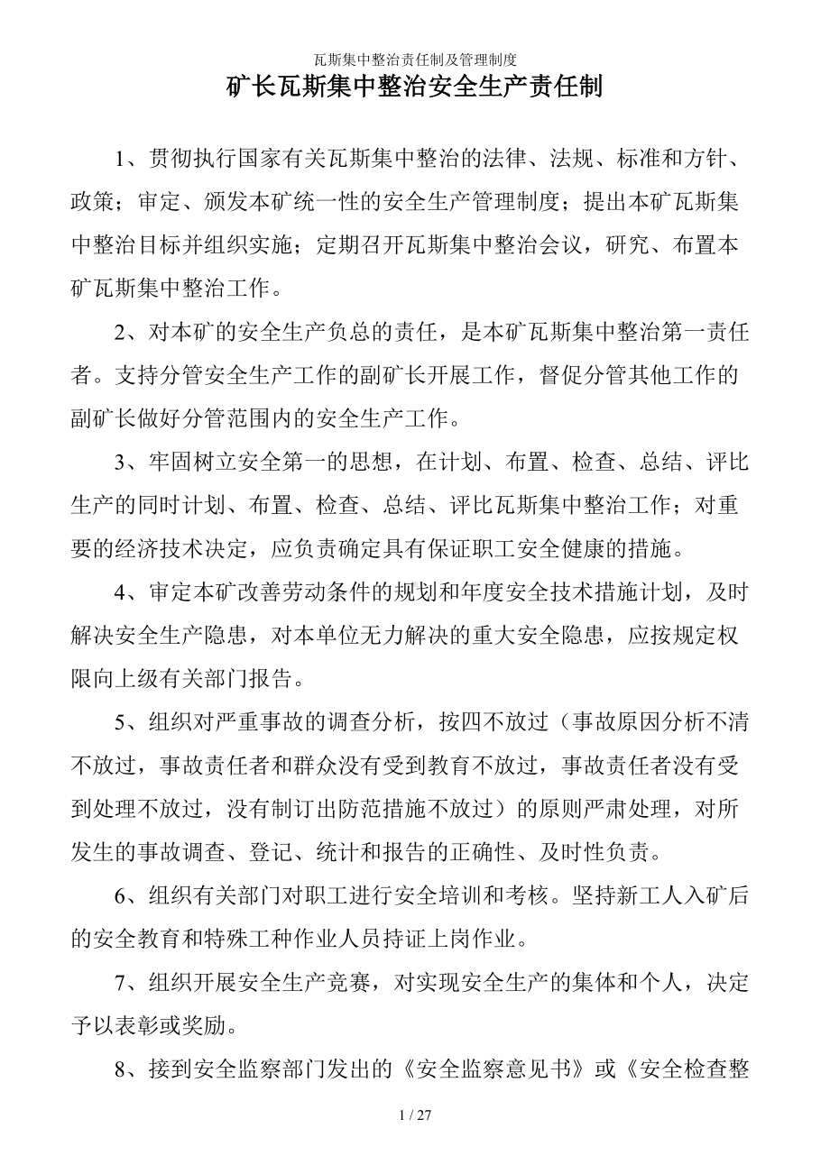 瓦斯集中整治责任制及管理制度参考模板范本.doc_第1页