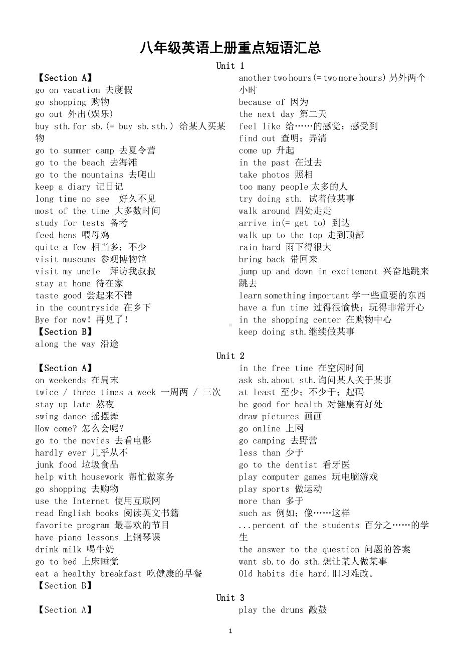 初中英语人教版八年级上册重点短语汇总（分单元编排）.doc_第1页