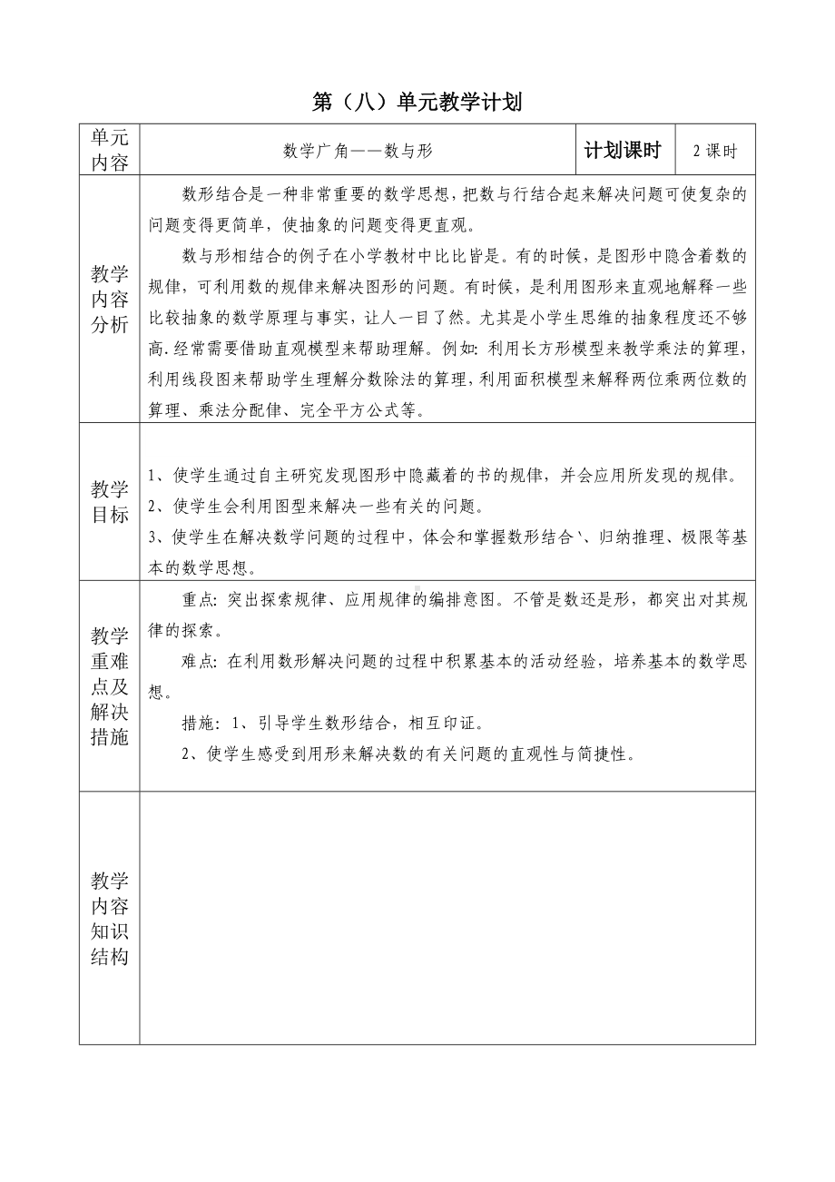 人教版六年级上册数学第八单元《数学广角-数与形》教学计划（定稿）.doc_第1页