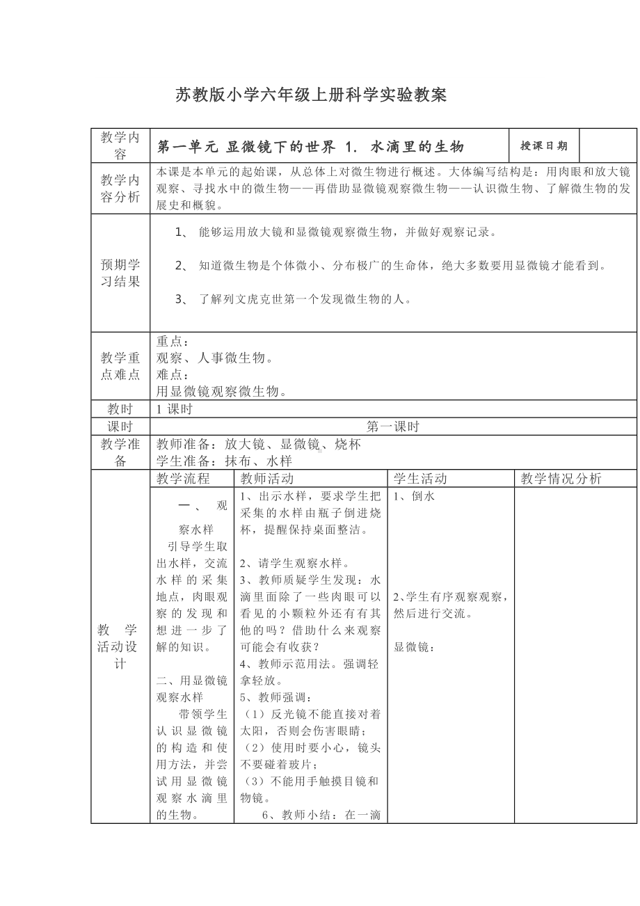 2022新苏教版六年级上册《科学》实验（教案）.doc_第1页