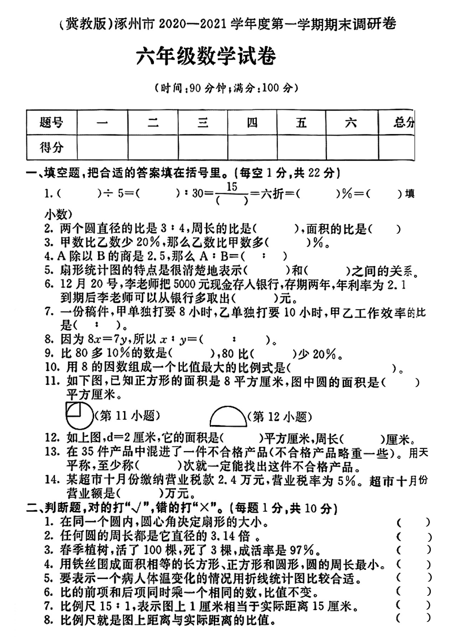 河北省保定市涿州市2020-2021学年六年级上学期期末考试数学试题.pdf_第1页