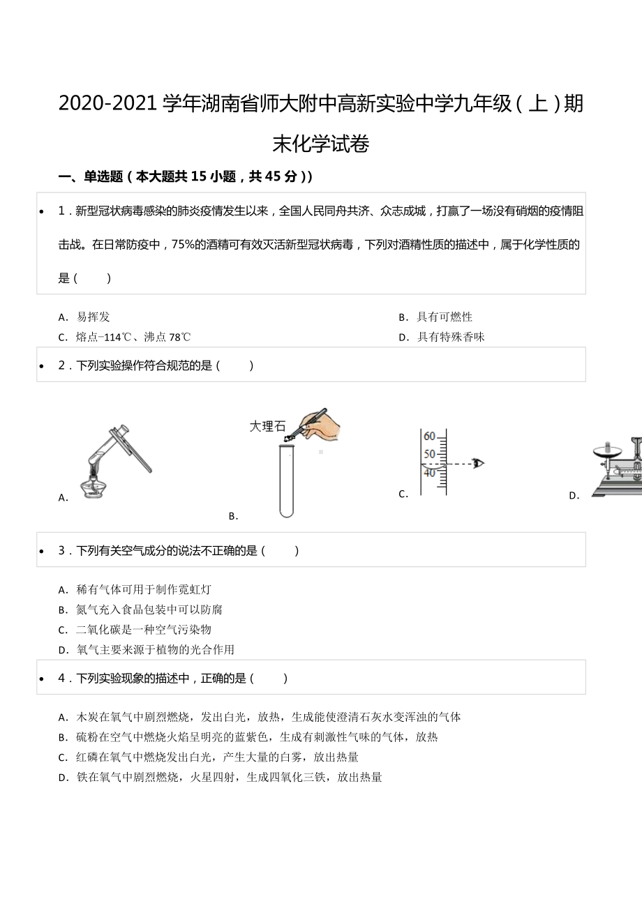 2020-2021学年湖南省师大附中高新实验 九年级（上）期末化学试卷.docx_第1页