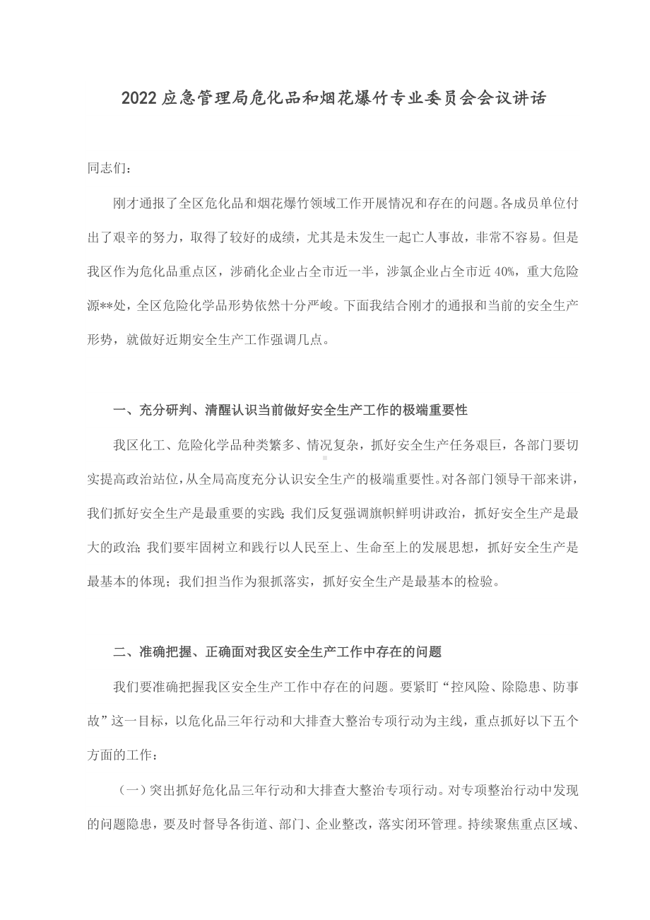 2022应急管理局危化品和烟花爆竹专业委员会会议讲话.docx_第1页