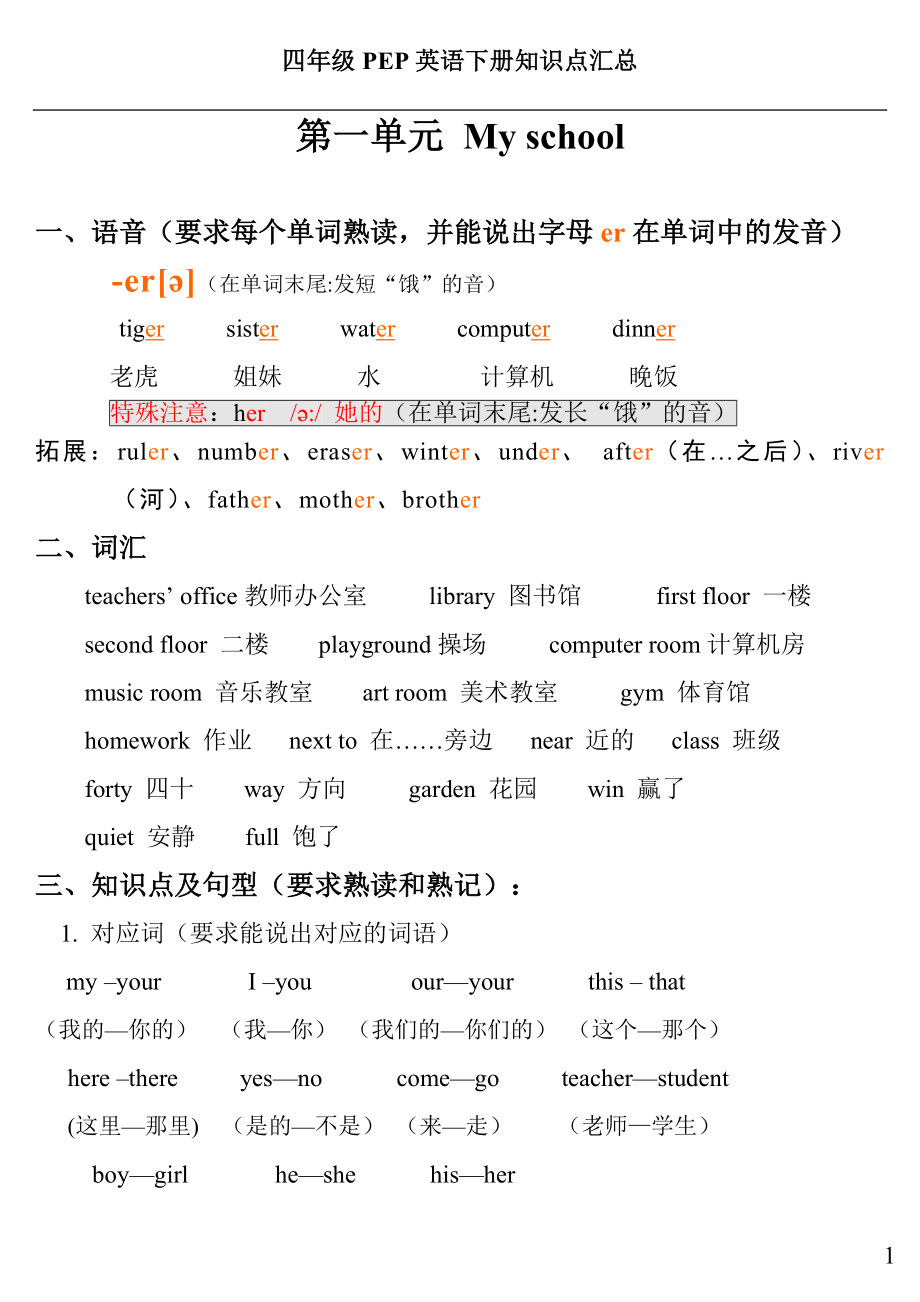 人教版PEP四年级英语下册知识点归纳总结以及期末复习重点.doc_第1页