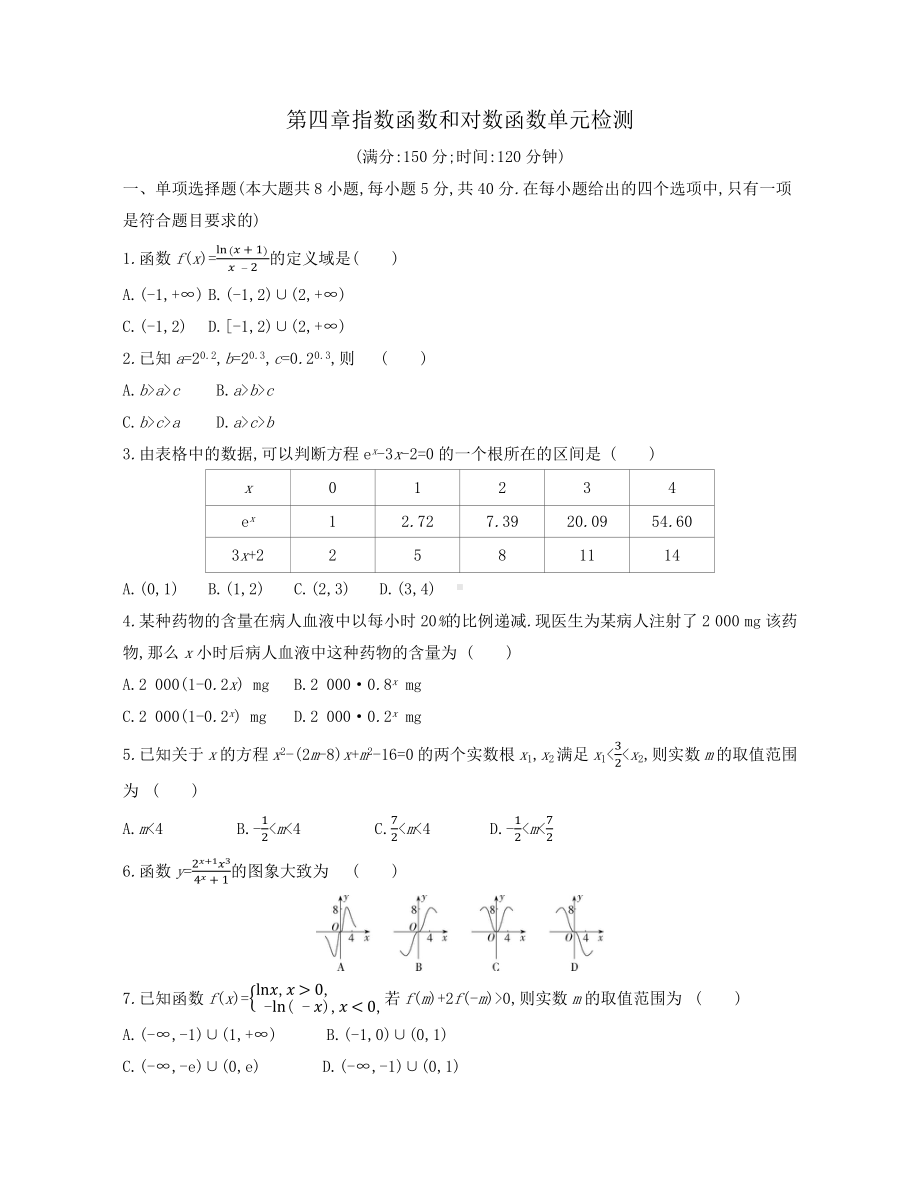 2022新人教A版（2019）《高中数学》必修第一册专题04 第四章 指数函数和对数函数单元检测试卷-各章测评卷合集（含答案）.docx_第1页