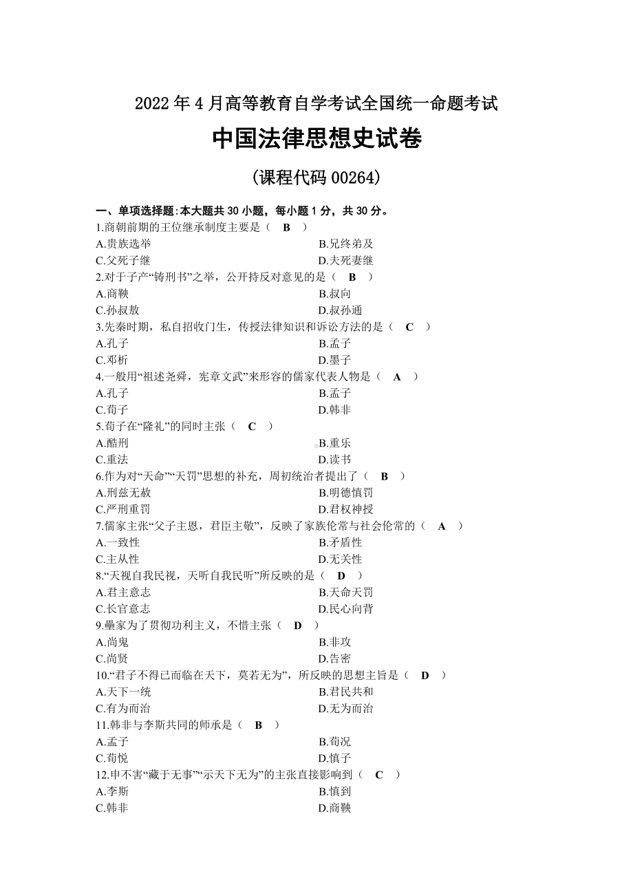 2022年04月自考00264中国法律思想史试题及答案.docx_第1页