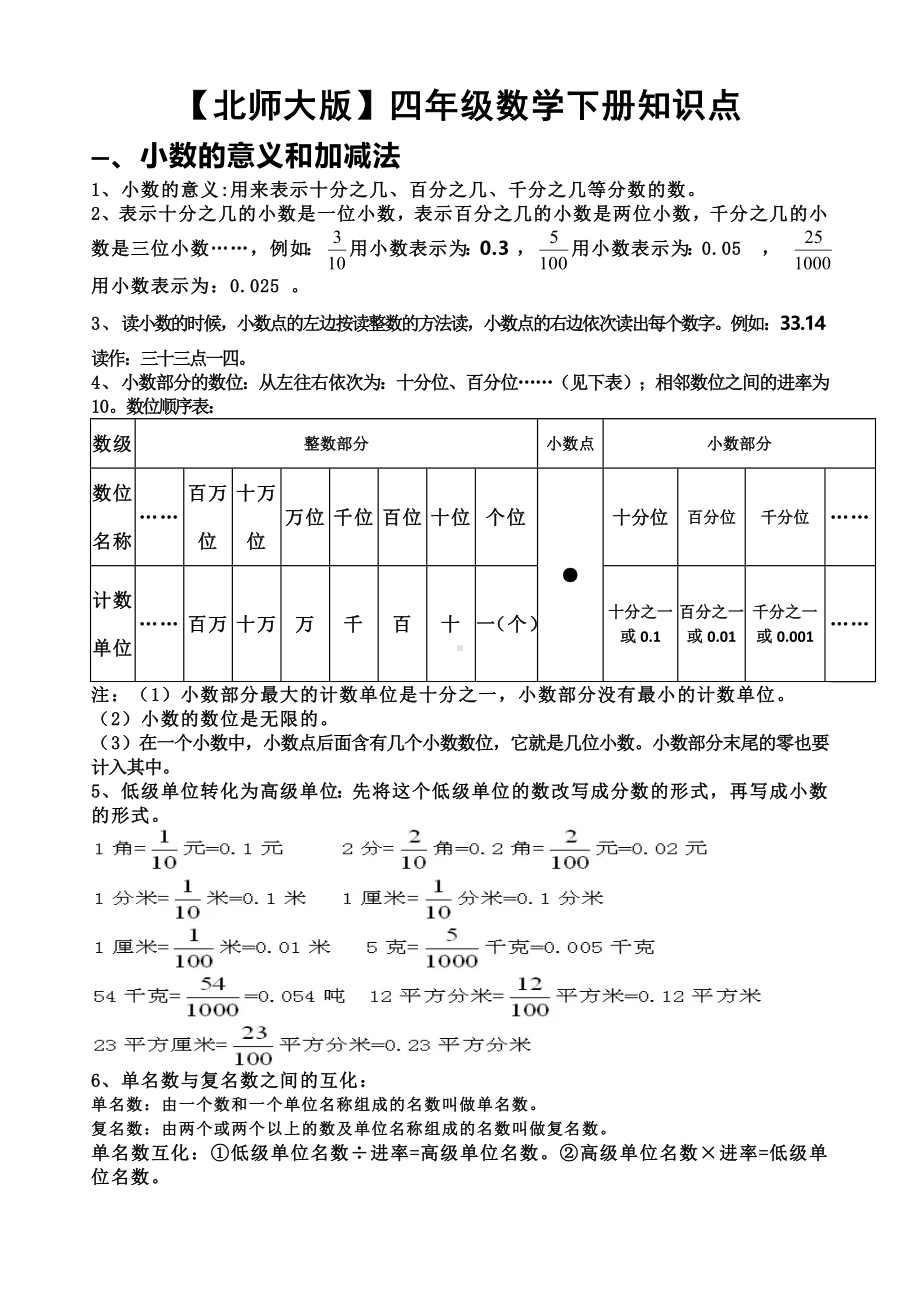 （北师大版）四年级下册数学全册知识点总结.docx_第1页