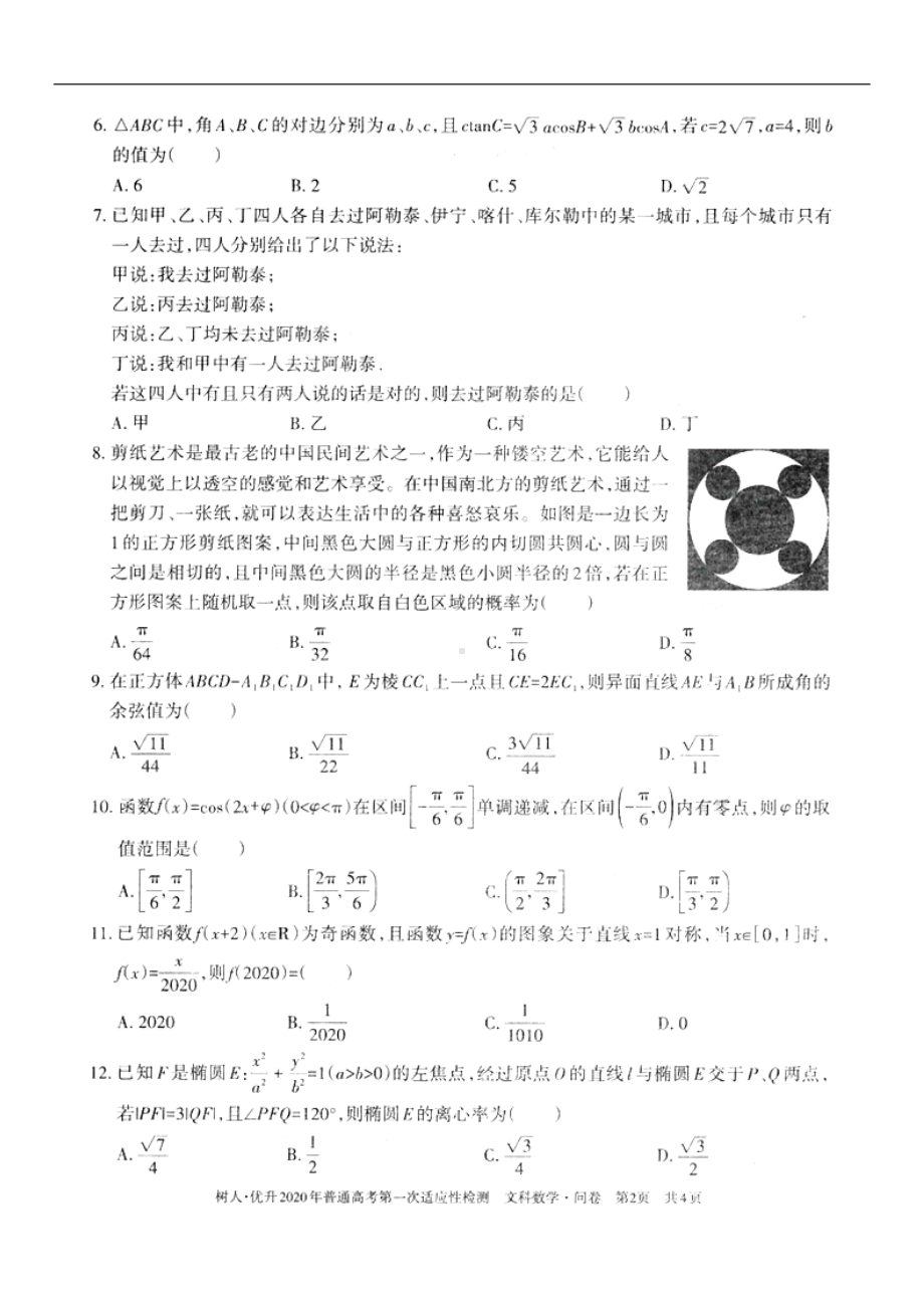 新疆维吾尔自治区2020届高考数学第一次适应性检测试题文扫描版.doc_第2页