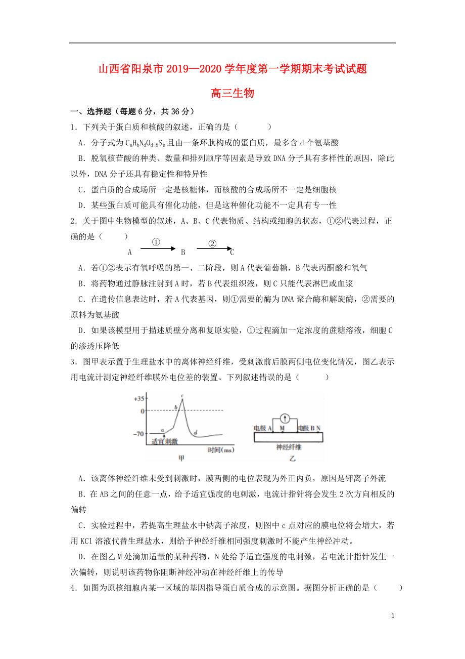 山西省阳泉市2020届高三生物上学期期末考试试题.doc_第1页