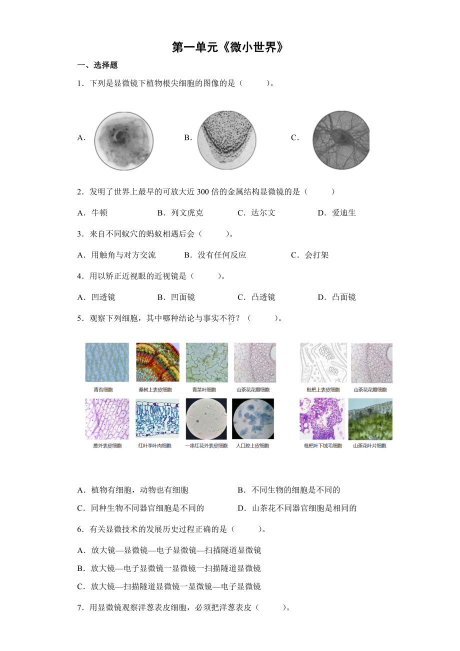 2022新教科版六年级上册《科学》第一单元《微小世界》（单元测试） .docx_第1页