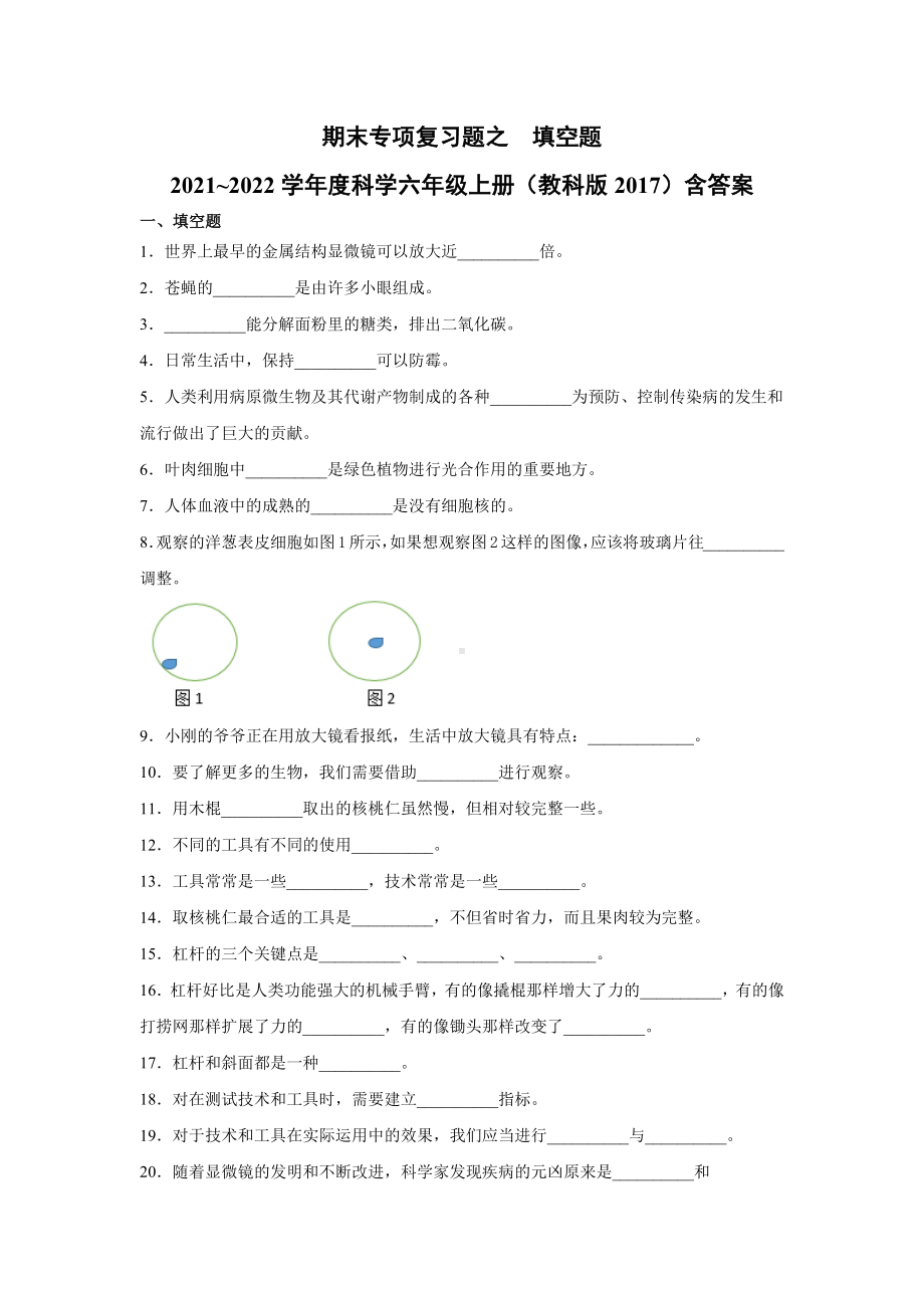 2022新教科版六年级上册《科学》期末专项复习题之填空题（试题）.docx_第1页