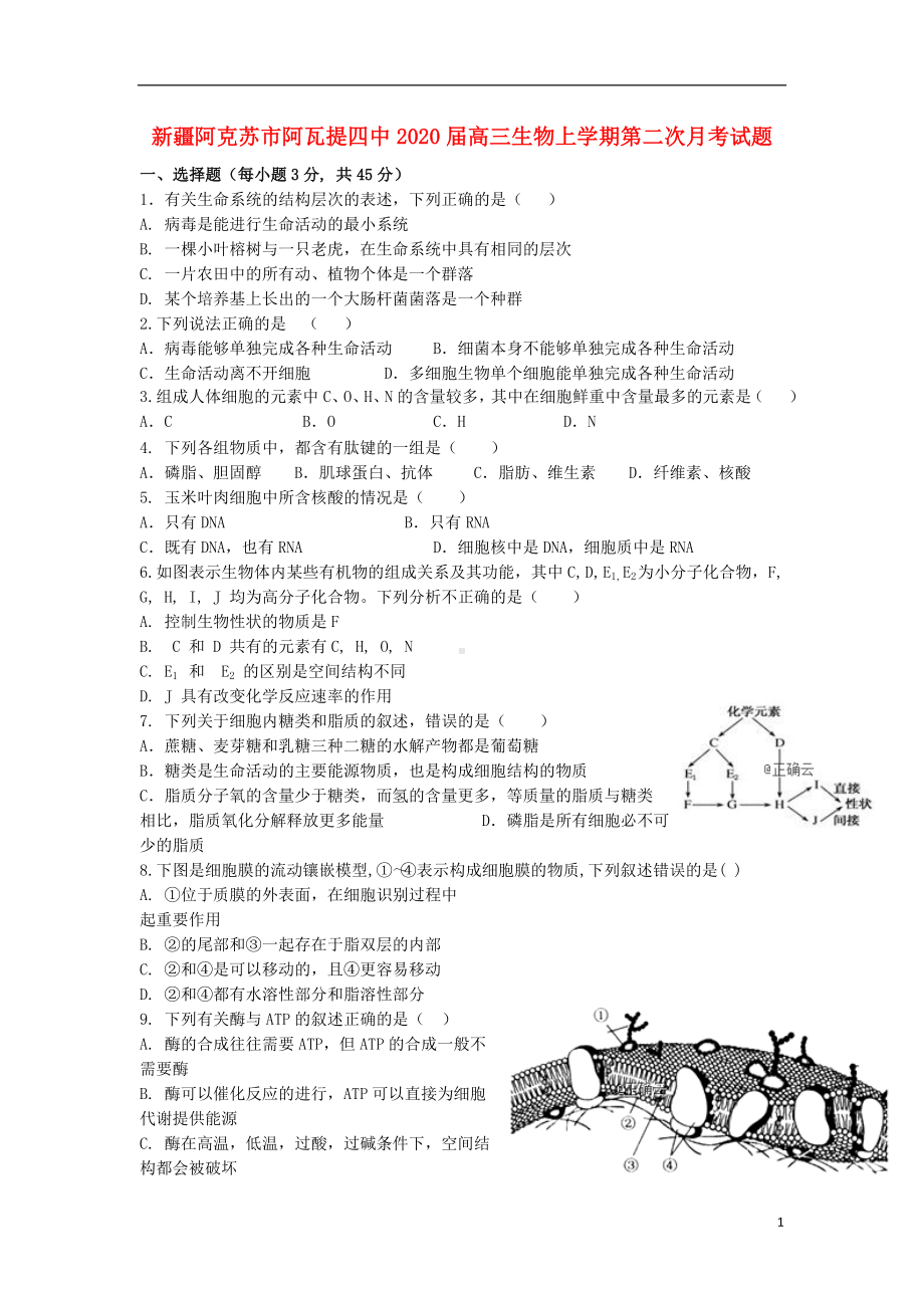 新疆阿克苏市阿瓦提四中2020届高三生物上学期第二次月考试题.doc_第1页