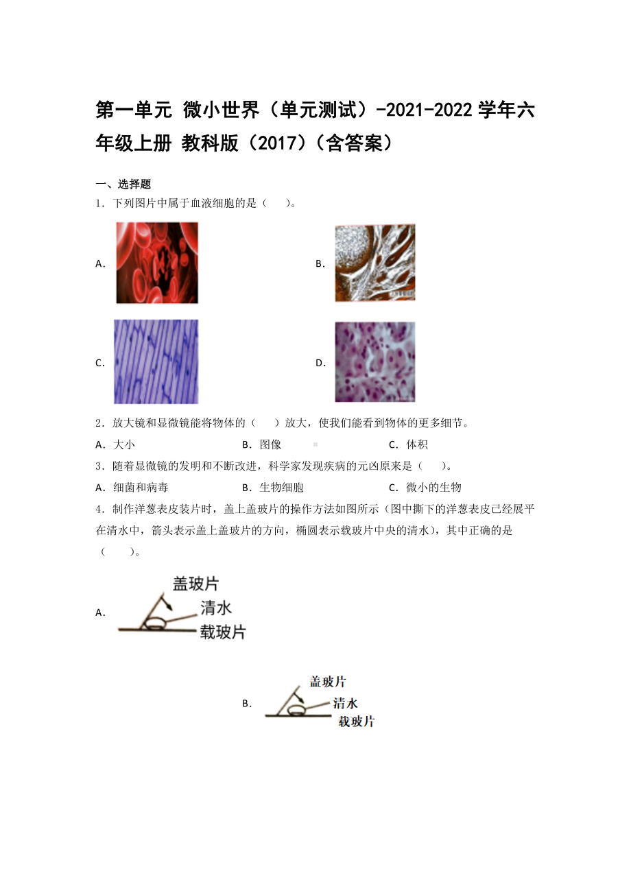 2022新教科版六年级上册《科学》第一单元 微小世界（单元测试）.docx_第1页