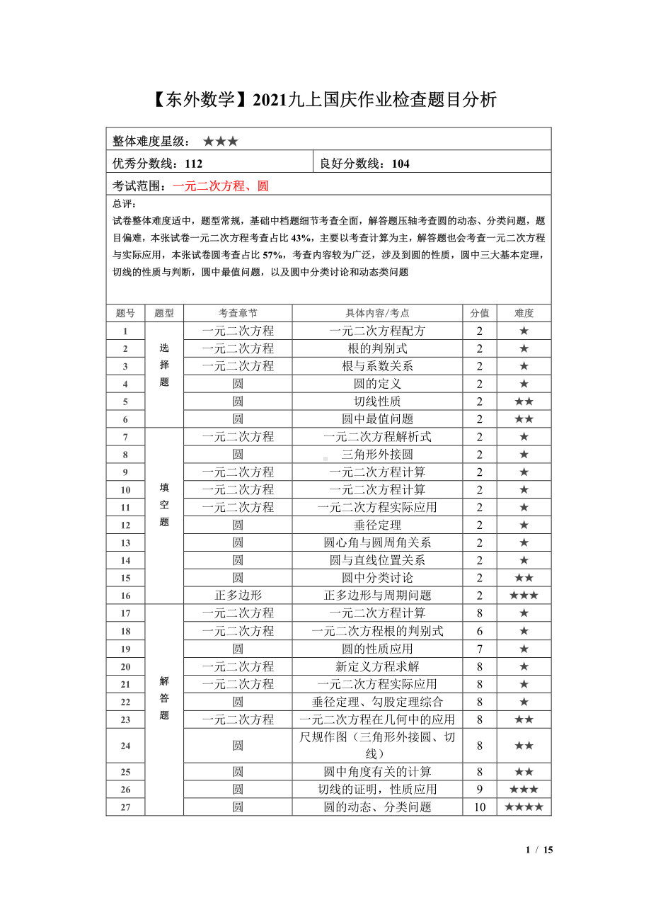 南京东外2021年苏科版九年级上册数学国庆作业（题目+答案）.pdf_第1页