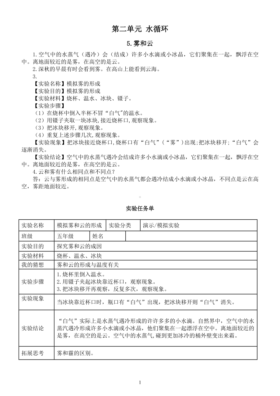 小学科学青岛版六三制五年级上册第二单元《水循环》知识点整理（共4课）（2022秋）.doc_第1页