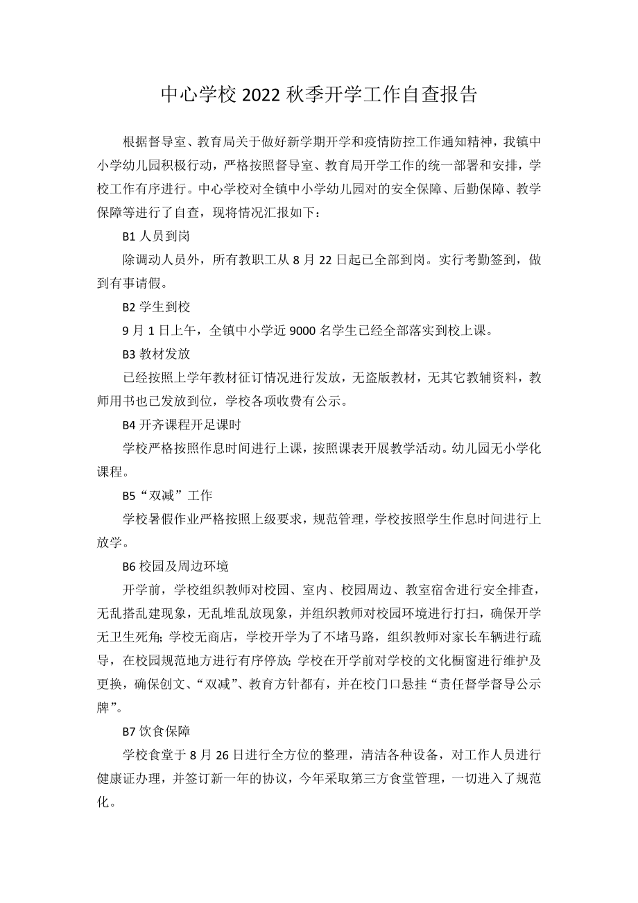 镇中心学校2022秋开学工作自查报告.doc_第1页