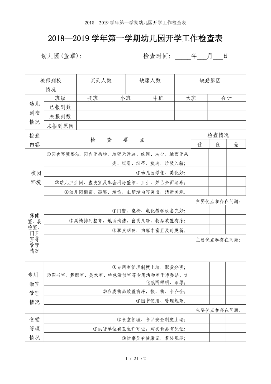 2018—2019学年第一学期幼儿园开学工作检查表参考模板范本.doc_第1页