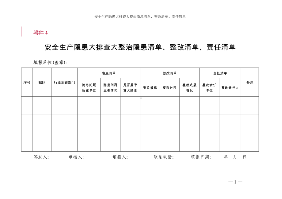 安全生产隐患大排查大整治隐患清单、整改清单、责任清单参考模板范本.doc_第1页