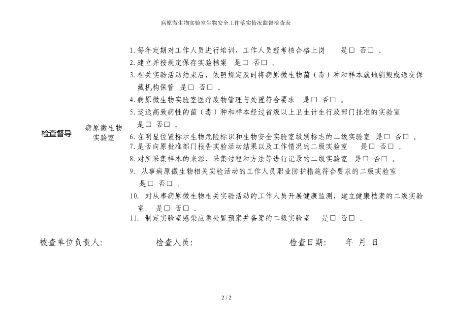 病原微生物实验室生物安全工作落实情况监督检查表参考模板范本.docx_第2页