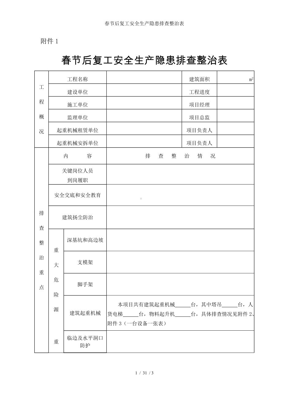 春节后复工安全生产隐患排查整治表参考模板范本.doc_第1页