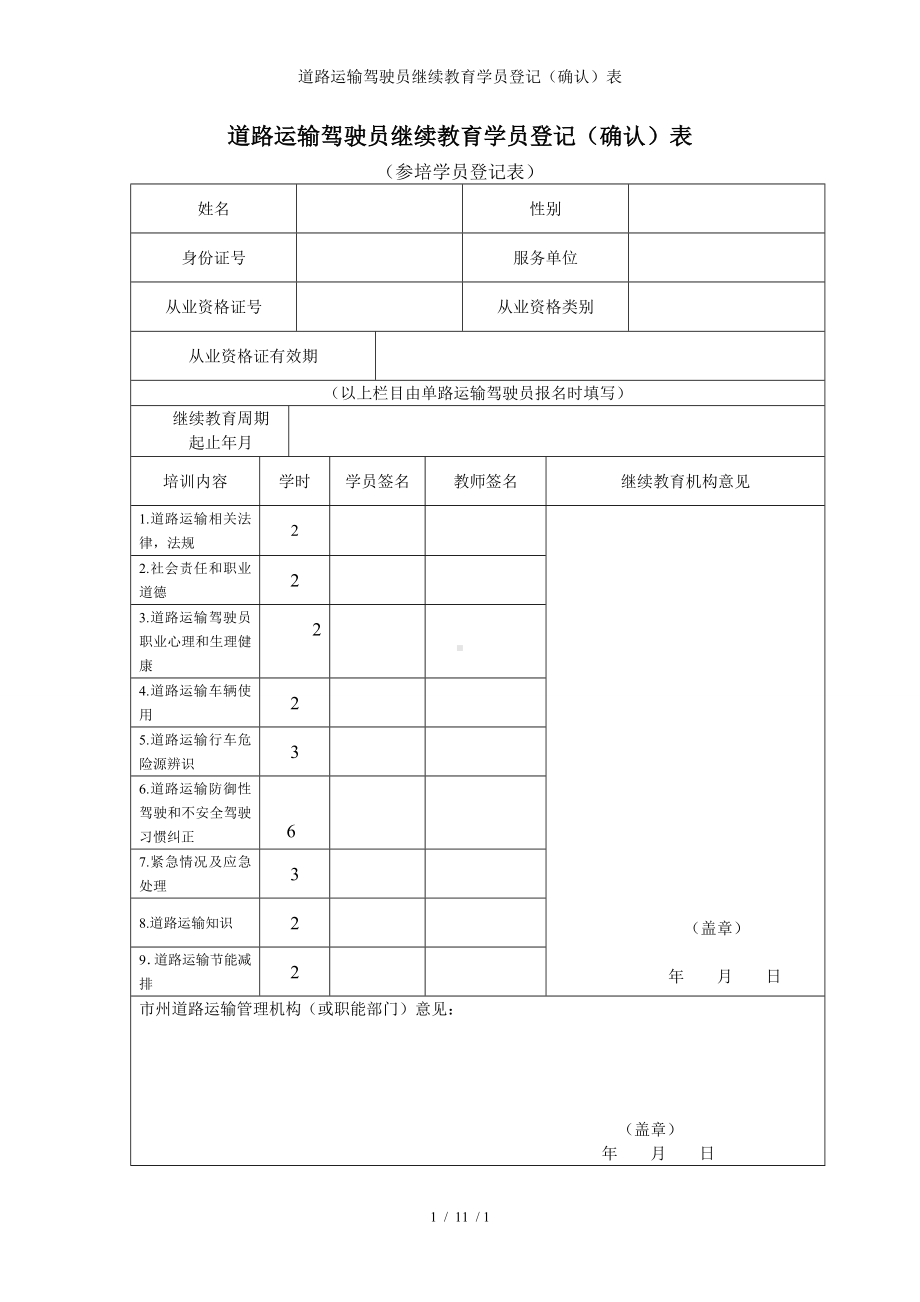 道路运输驾驶员继续教育学员登记（确认）表参考模板范本.doc_第1页