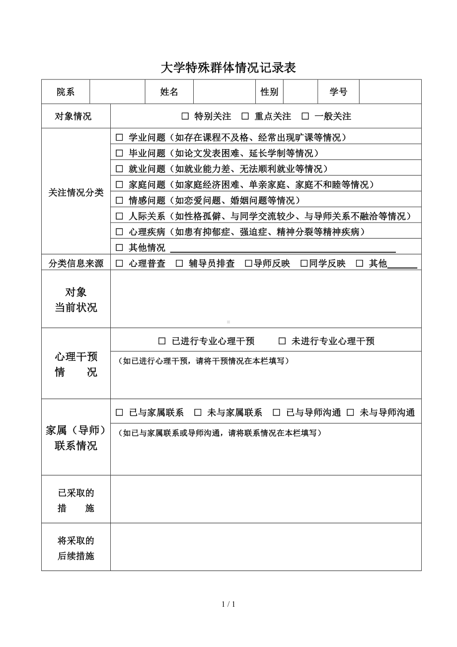 大学特殊群体情况记录表参考模板范本.doc_第1页