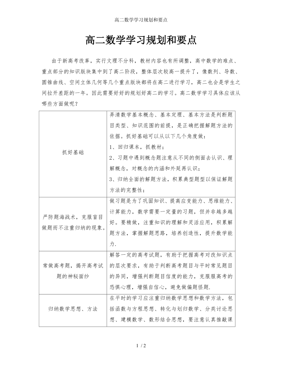 高二数学学习规划和要点参考模板范本.doc_第1页