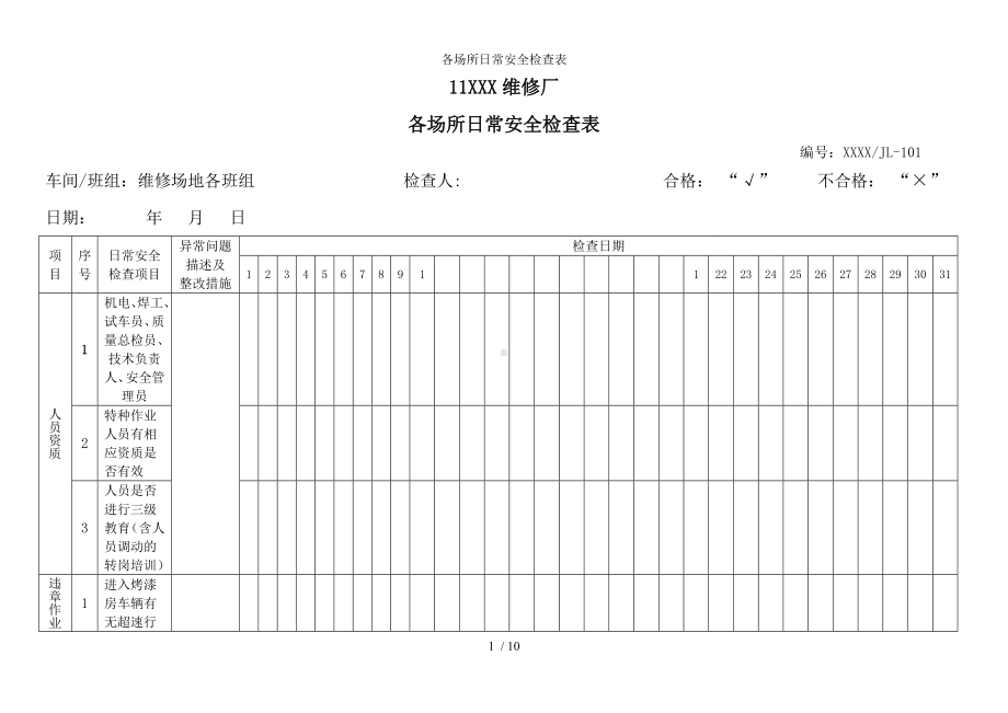 各场所日常安全检查表参考模板范本.doc_第1页