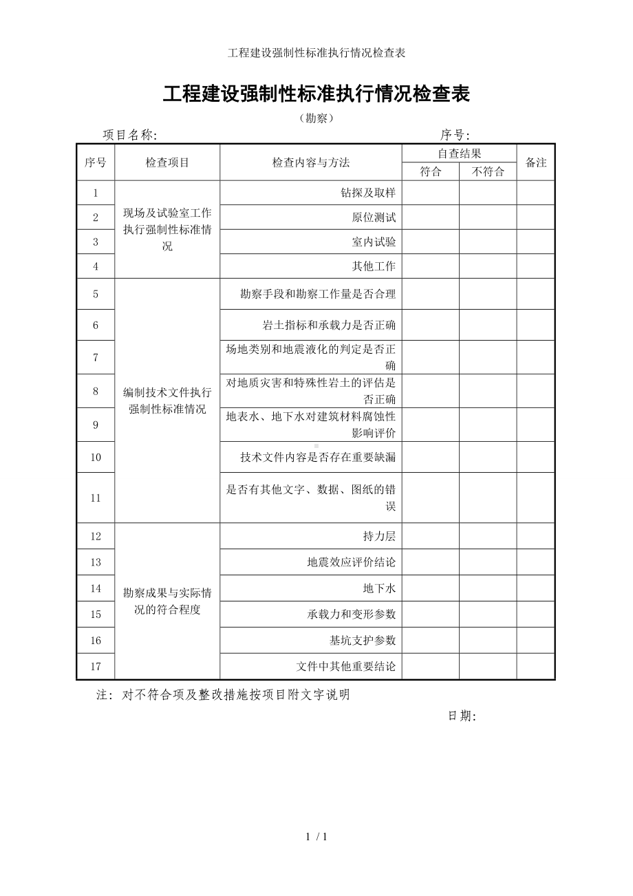 工程建设强制性标准执行情况检查表参考模板范本.doc_第1页