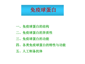 免疫球蛋白的结构二、免疫球蛋白的异质性三、免疫球蛋白的功能四、各类免疫球蛋白的特性与功能五、人工课件.ppt