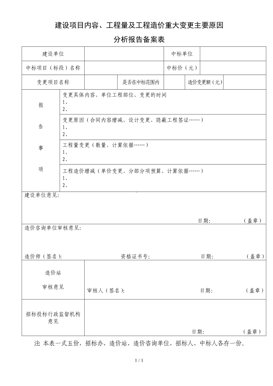 建设项目内容、工程量及工程造价重大变更主要原因分析报告备案表参考模板范本.doc_第1页