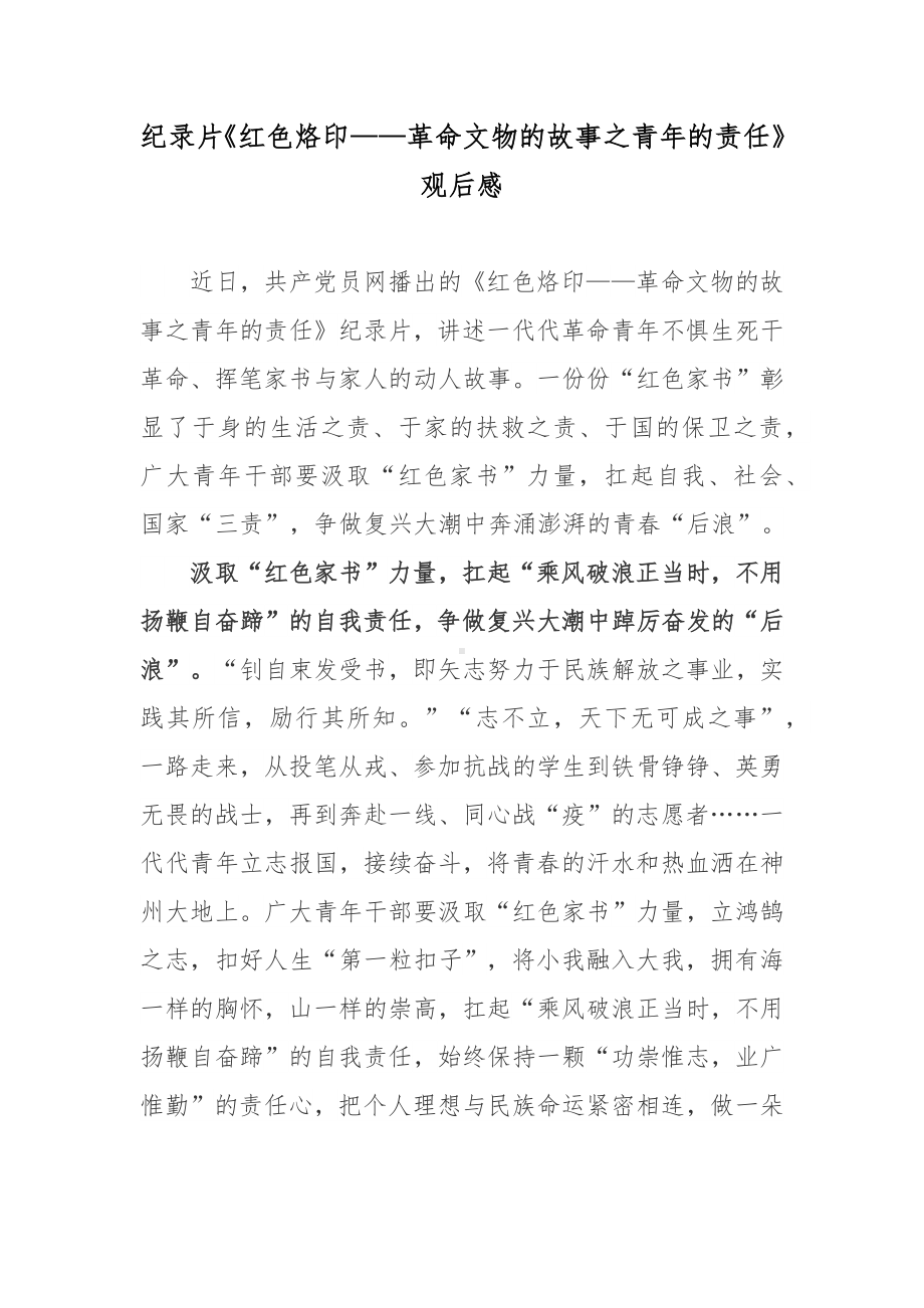 纪录片《红色烙印-革命文物的故事之青年的责任》观后感.docx_第1页