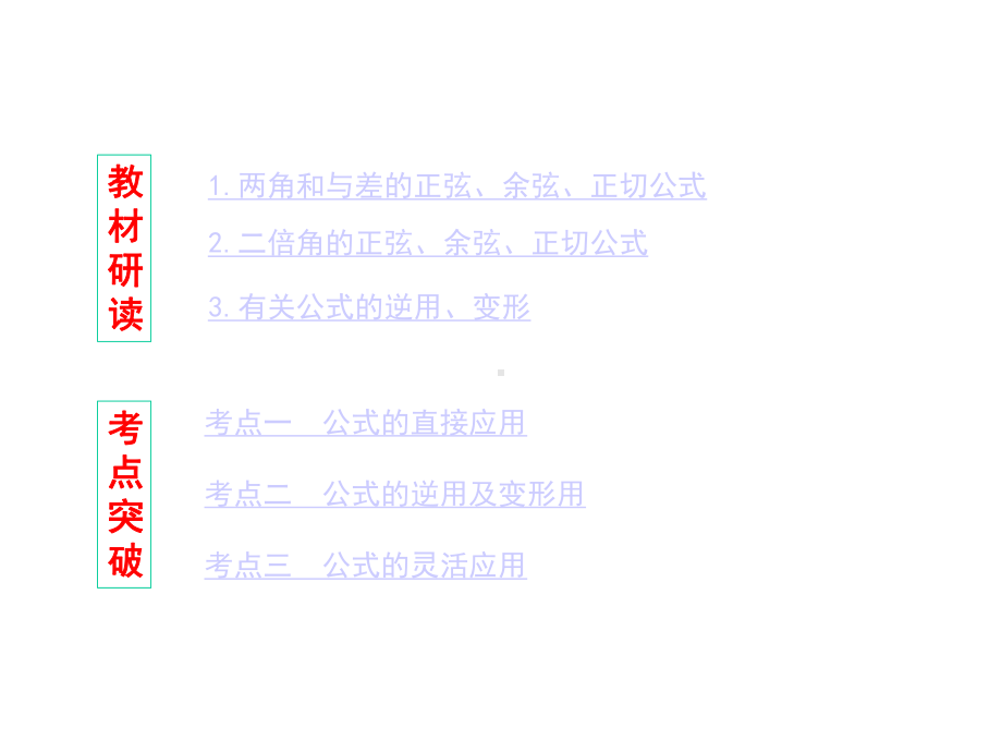 高考文科数学一轮复习：两角和与差的正弦、余弦和正切公式及二倍角公式课件.pptx_第2页