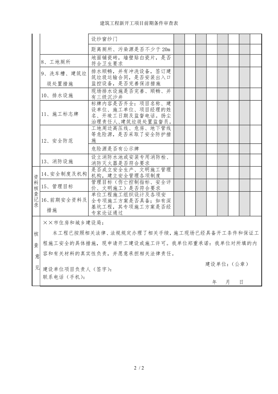 建筑工程新开工项目前期条件审查表参考模板范本.doc_第2页