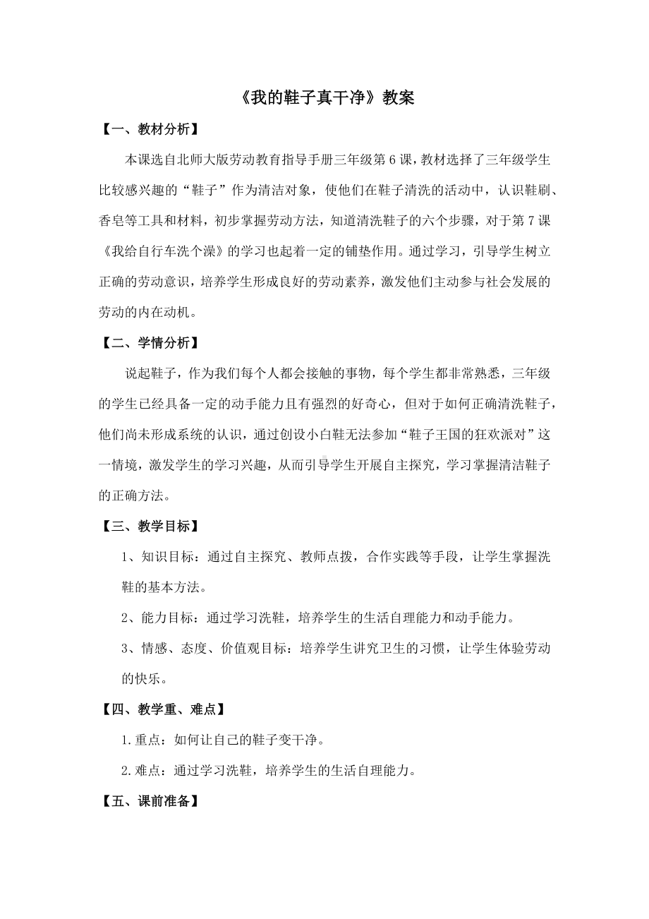 北师大版三年级上册劳动教育活动6《我的鞋子真干净》教案（定稿）.doc_第1页