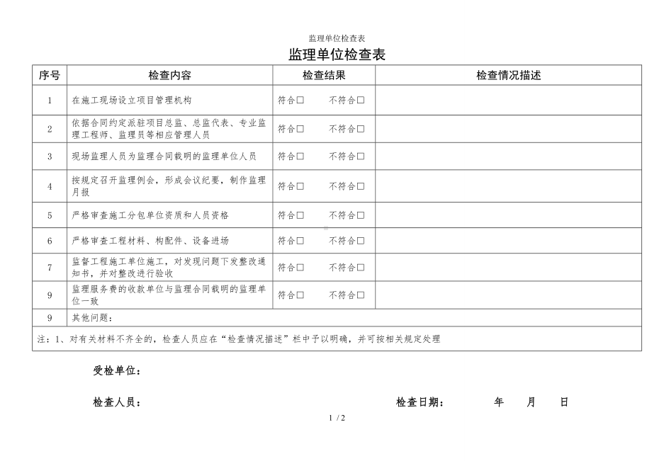 监理单位检查表参考模板范本.doc_第1页