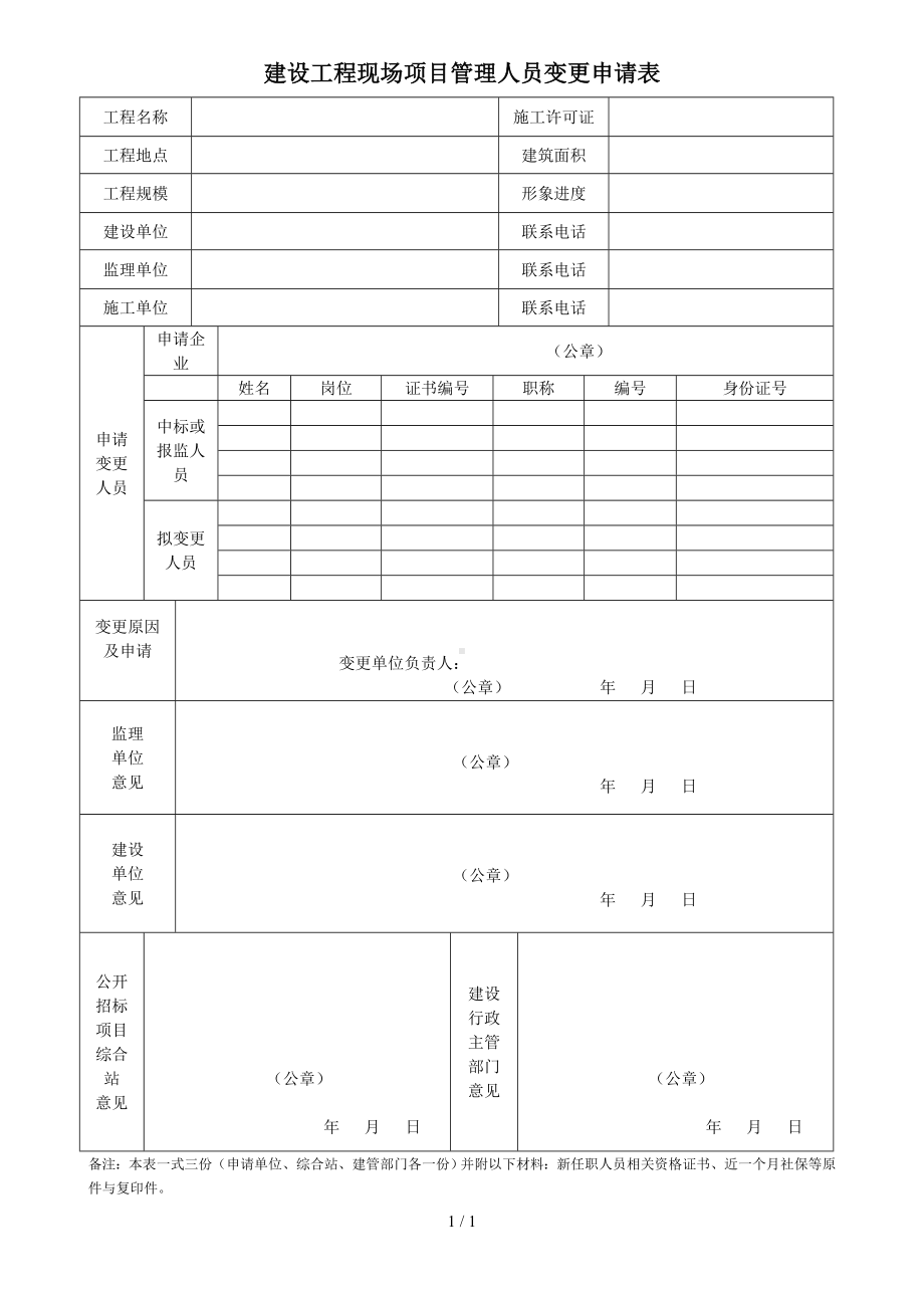 建设工程现场项目管理人员变更申请表参考模板范本.doc_第1页