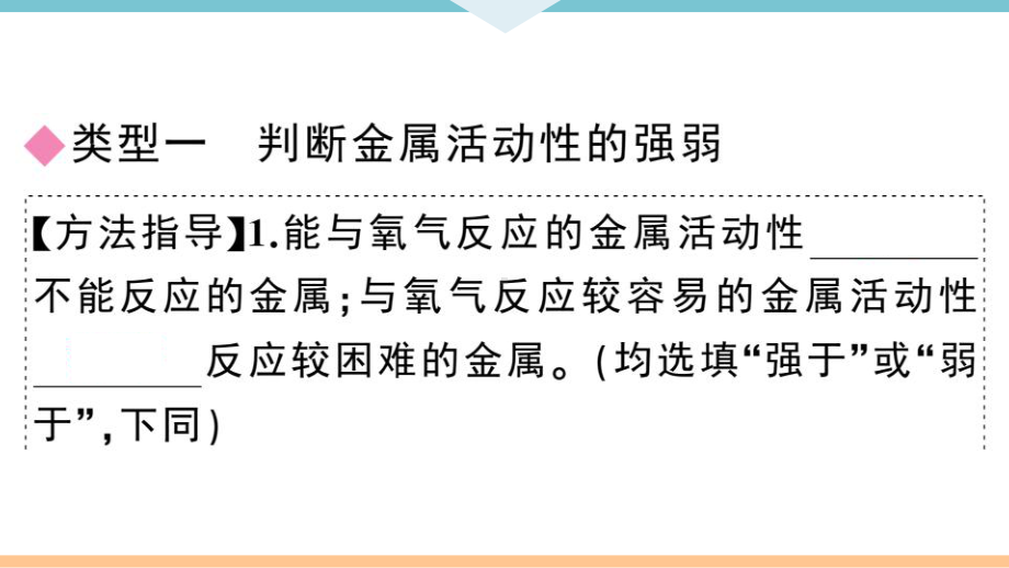 初三人教版九年级化学下册通用同步练习1第八单元金属和金属材料4专题一金属活动性顺序的判断及应用.pptx_第2页