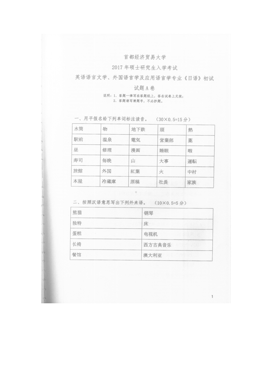 首都经济贸易大学考研专业课试题二外日语2017.2018.2019.docx_第1页