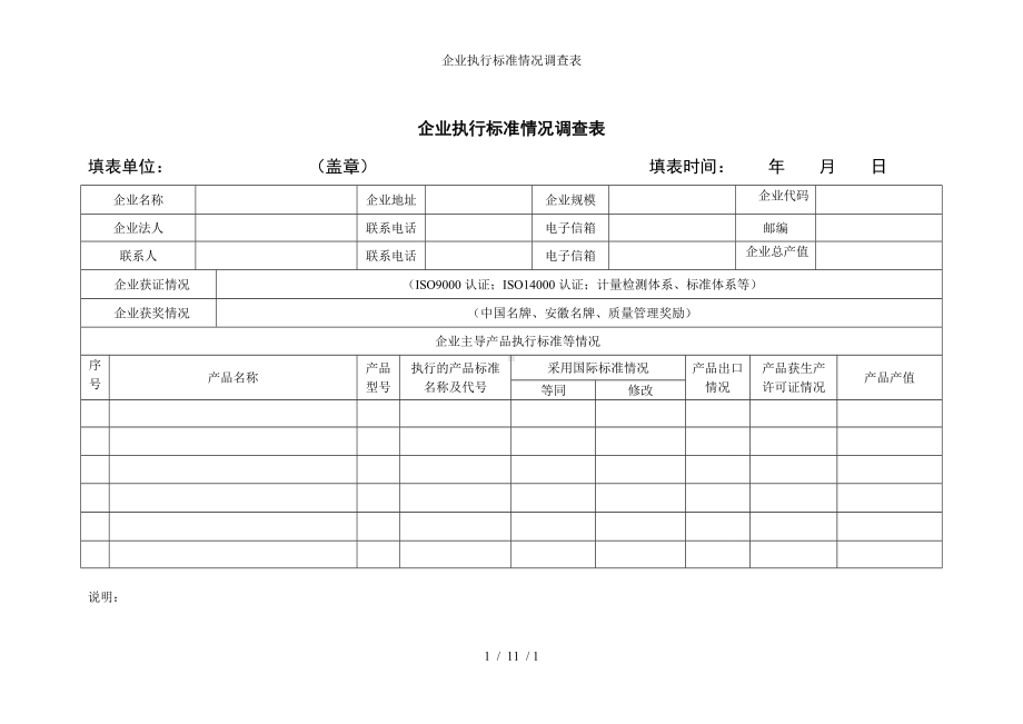 企业执行标准情况调查表参考模板范本.doc_第1页