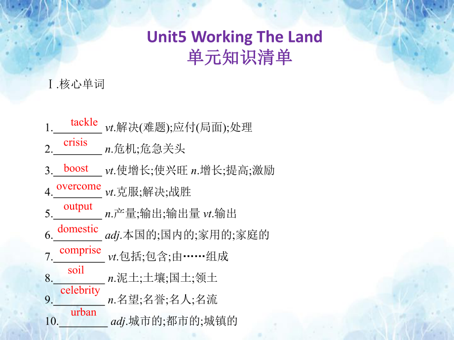 2022新人教版（2019）《高中英语》选择性必修第一册Unit 5 Working the Land 单元知识清单(ppt课件).pptx_第1页