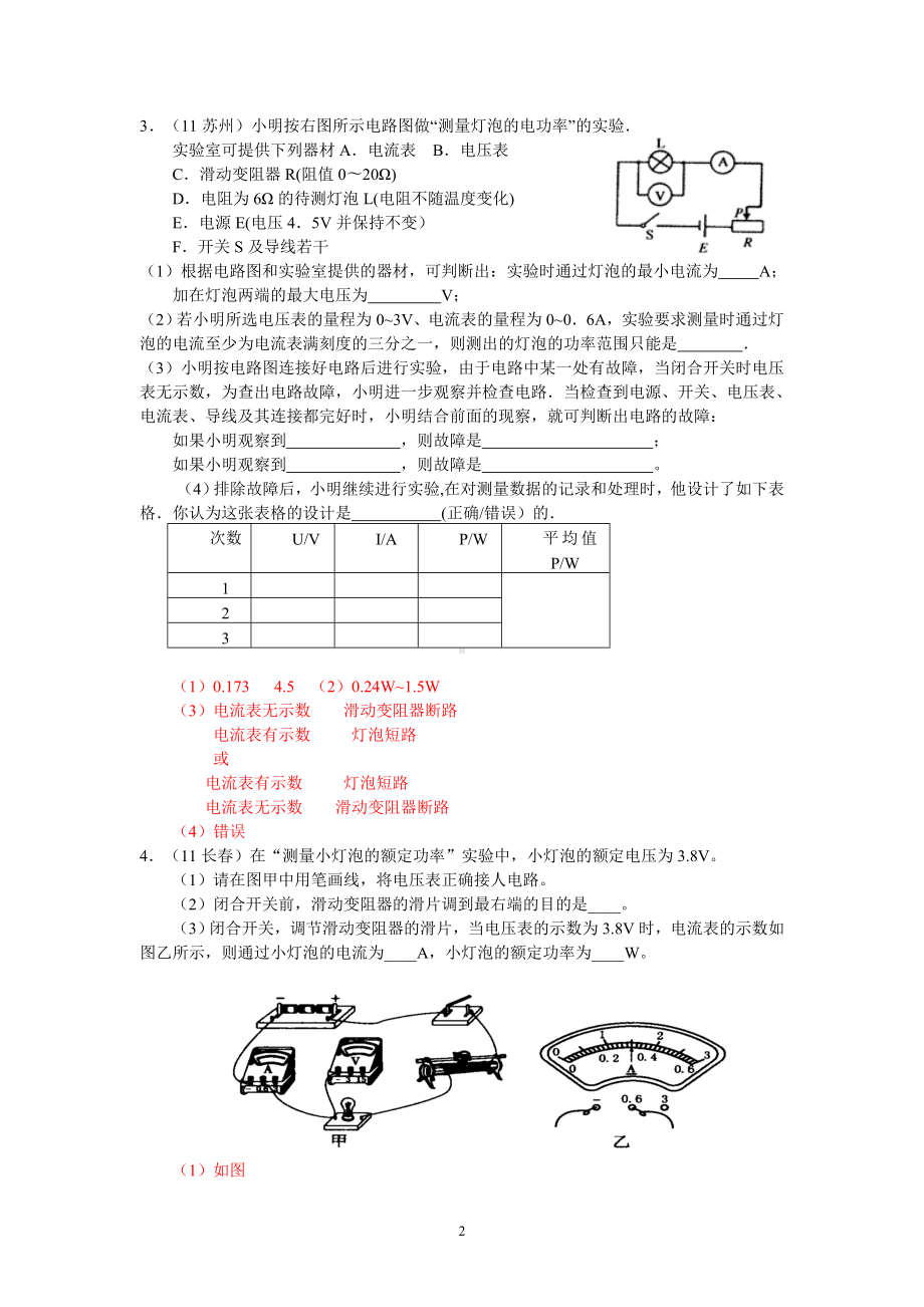 物理：人教版9年级全册分节练习及答案（46份）2013年秋(新人教版)物理第18章第3节测量小灯泡的电功率(2).doc_第2页