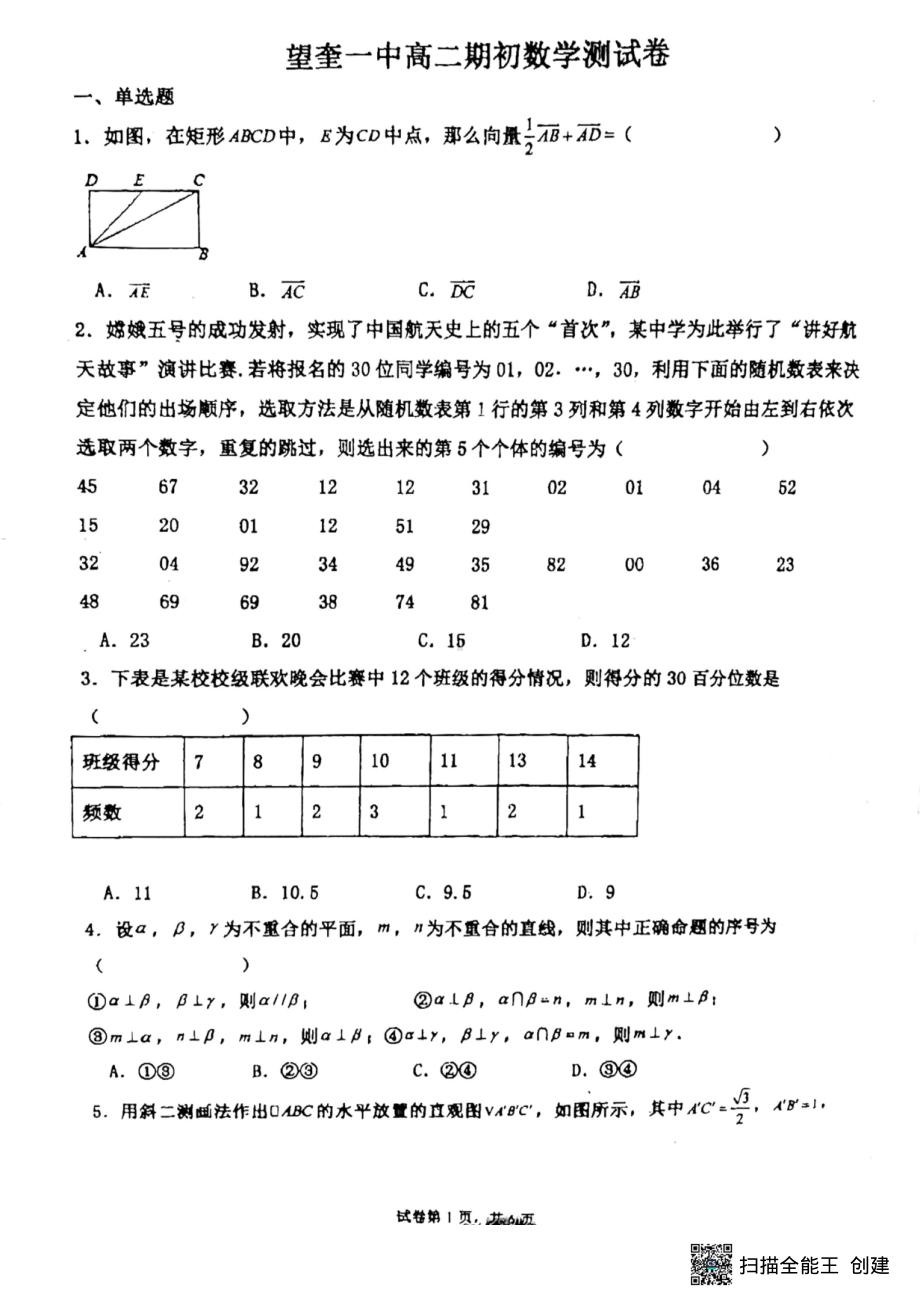 黑龙江省绥化市望奎县第一 2022-2023学年高二上学期开学考试数学试题.pdf_第1页