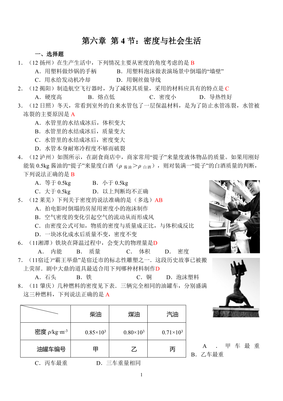 物理：人教版8年级上册全册分节练习及答案（25份）人教版物理第6章第4节：密度与社会生活.doc_第1页